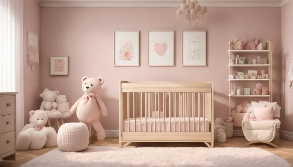 Quarto de bebê com berço branco e parede rosa pastel, decorado com itens femininos e um urso de pelúcia, ideal para ideias de nomes de menina.