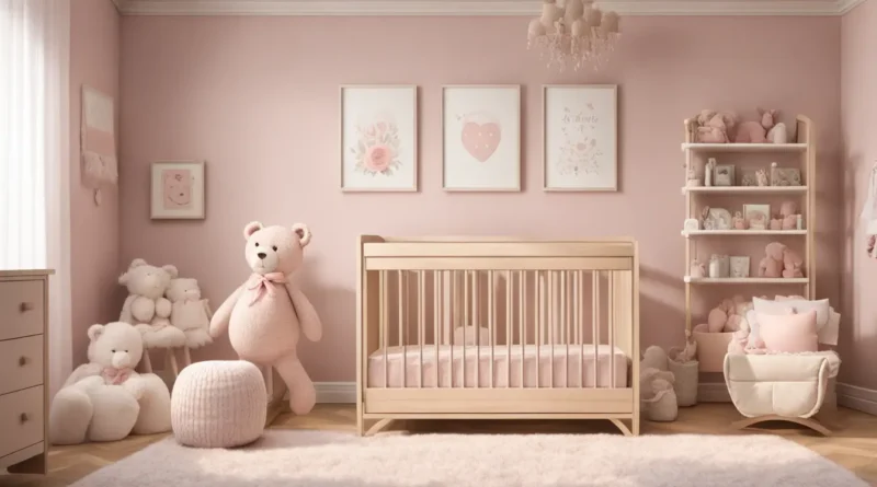 Quarto de bebê com berço branco e parede rosa pastel, decorado com itens femininos e um urso de pelúcia, ideal para ideias de nomes de menina.