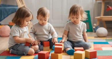 Crianças de 2 a 3 anos engajadas em atividades educativas com blocos e quebra-cabeças em uma sala de aula colorida e alegre.