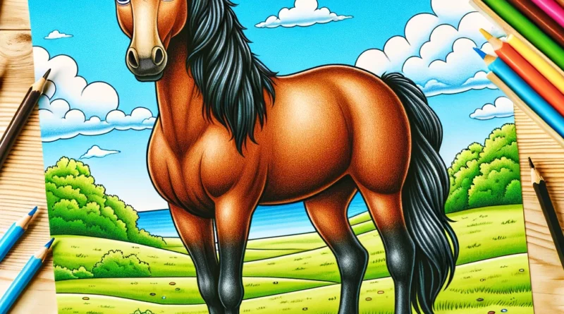 Desenho colorido de um cavalo marrom com crina e cauda pretas, de pé em um campo verde com flores. O céu está azul com algumas nuvens brancas e há árvores ao fundo.