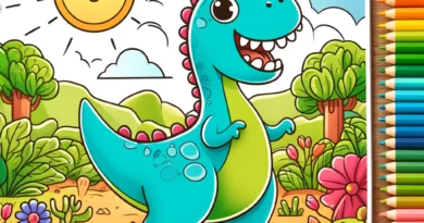 A colorful drawing of a friendly dinosaur in a playful pose, standing in a vibrant prehistoric landscape with plants and a bright sky.