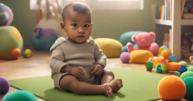 Bebê brincando com brinquedos táteis coloridos em uma sala iluminada, ideal para estimular os sentidos dos bebês.