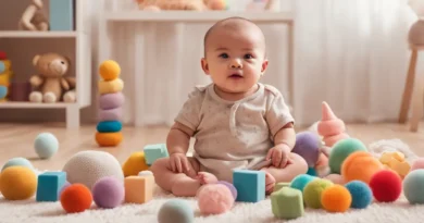 Bebê brincando com brinquedos táteis coloridos em uma sala iluminada, ideal para estimular os sentidos dos bebês.