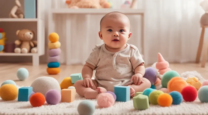 Bebê brincando com brinquedos táteis coloridos em uma sala iluminada, ideal para estimular os sentidos dos bebês.