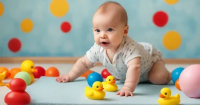 Bebê de seis meses tentando engatinhar em um tapete azul claro, cercado por brinquedos coloridos, em um quarto bem iluminado.