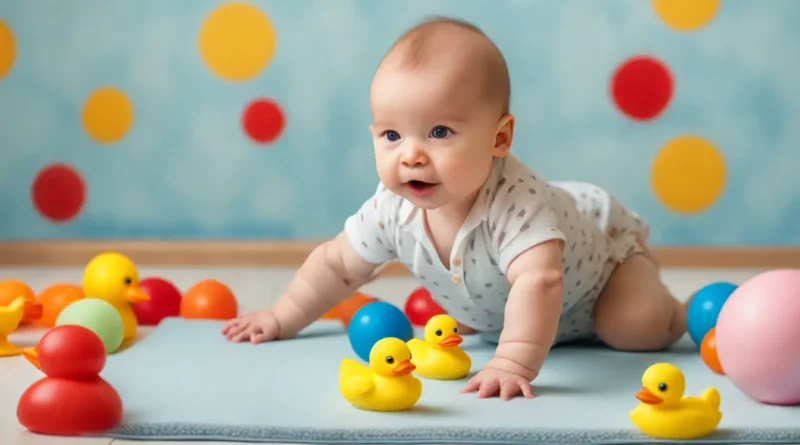 Bebê de seis meses tentando engatinhar em um tapete azul claro, cercado por brinquedos coloridos, em um quarto bem iluminado.