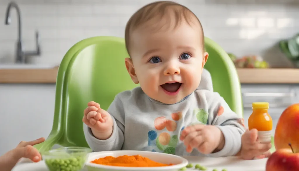 Bebê experimentando diferentes sabores de papinhas, como ervilha, cenoura e maçã, enquanto senta em uma cadeirinha em uma cozinha iluminada.