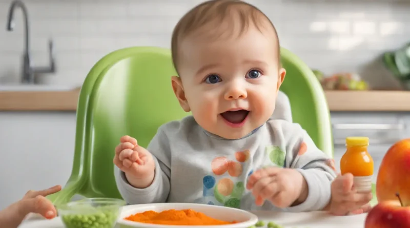 Bebê experimentando diferentes sabores de papinhas, como ervilha, cenoura e maçã, enquanto senta em uma cadeirinha em uma cozinha iluminada.