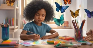 Criança colorindo uma borboleta detalhada com lápis de cera coloridos, em uma sala iluminada com prateleiras de livros e materiais de arte.