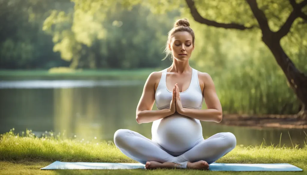 Gestante praticando exercícios de respiração em um parque tranquilo, ideal para aliviar o estresse durante a gravidez.