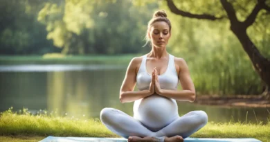 Gestante praticando exercícios de respiração em um parque tranquilo, ideal para aliviar o estresse durante a gravidez.