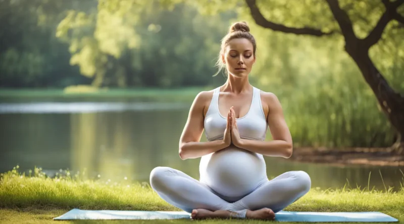 Gestante praticando exercícios de respiração em um parque tranquilo, ideal para aliviar o estresse durante a gravidez.