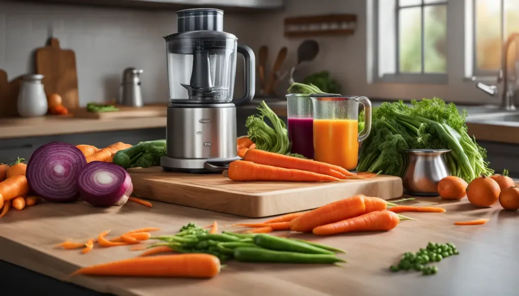 Uma cozinha com tábua de corte e legumes variados preparados para fazer papinhas de bebê, destacando uma panela com vapor e um liquidificador com purê.