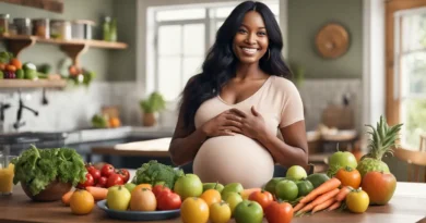 Gestante sorrindo enquanto segura uma maçã verde, cercada por frutas e legumes coloridos, em uma cozinha moderna e bem iluminada.