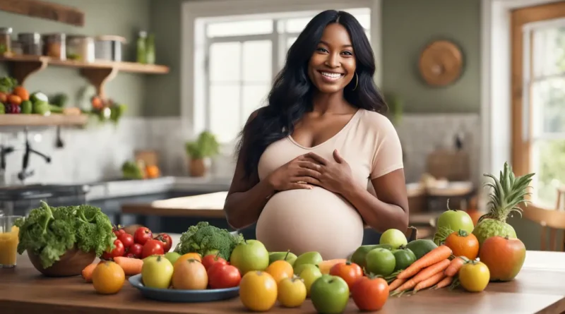 Gestante sorrindo enquanto segura uma maçã verde, cercada por frutas e legumes coloridos, em uma cozinha moderna e bem iluminada.