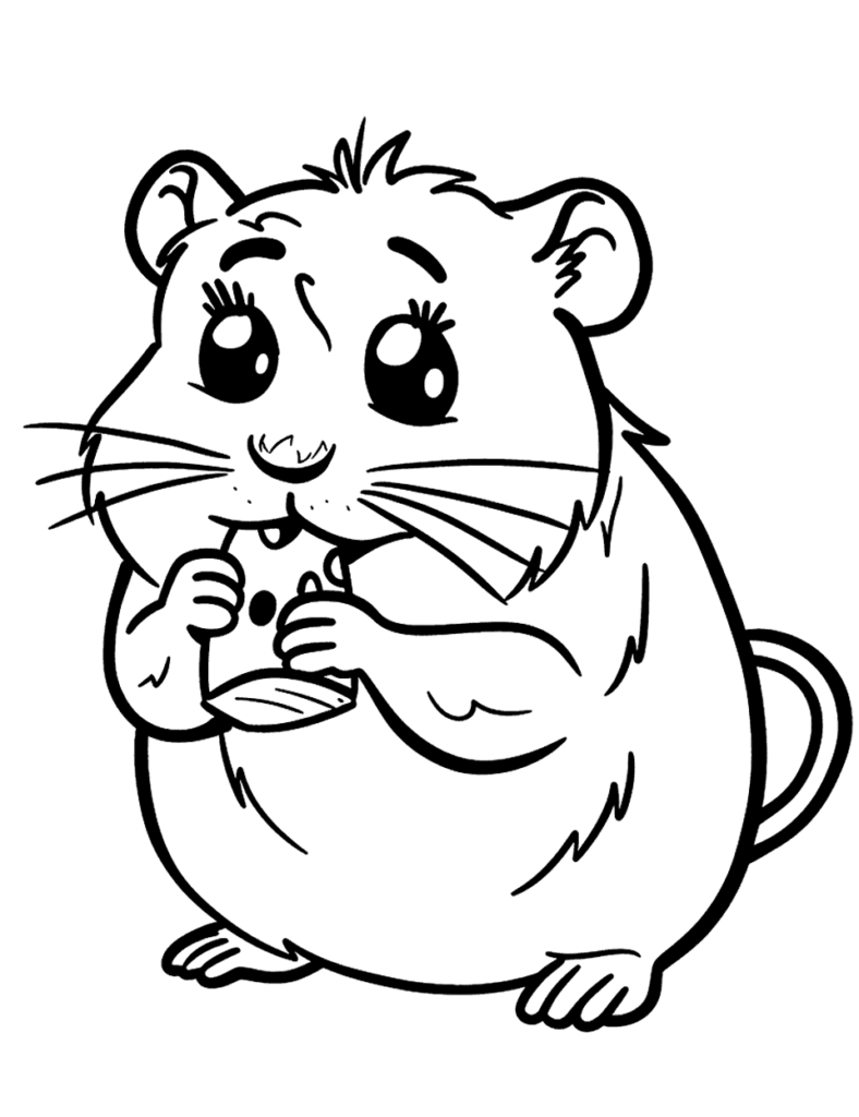 Desenho colorido de um hamster fofo, de pé sobre as patas traseiras e segurando um pedaço de queijo. O hamster tem pelagem marrom suave, grandes olhos redondos e um pequeno nariz rosa. O fundo é um cenário alegre e colorido, com um campo gramado, flores e um céu azul brilhante com nuvens fofas.