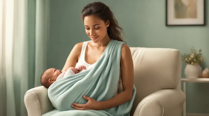 Mãe amamentando seu bebê recém-nascido em uma poltrona confortável, ambiente calmo com paredes amarelas pastel.