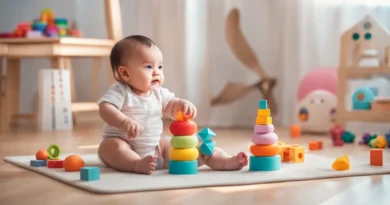 Bebê brincando com blocos de madeira coloridos para desenvolver coordenação motora, acompanhado de adulto, em ambiente claro.