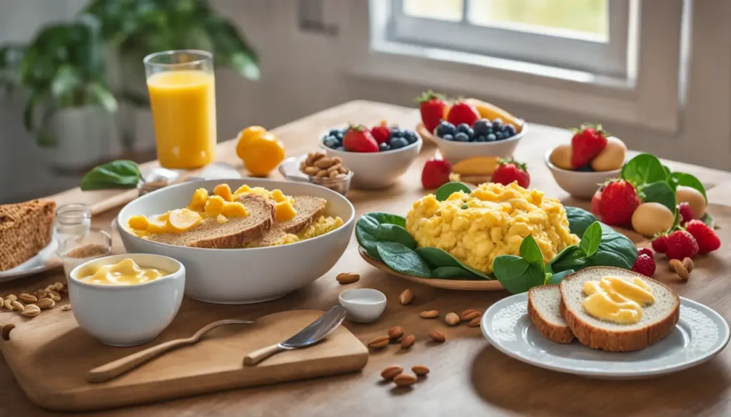 Mesa de cozinha colorida com alimentos nutritivos para crianças, incluindo frutas, pão integral, leite, ovos com espinafre, nozes e iogurte.