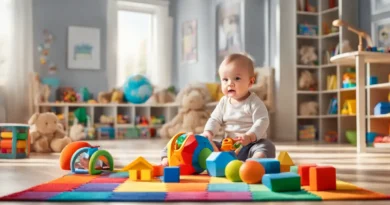 Bebê cercado por brinquedos educativos e decoração suave, estimulando desenvolvimento cognitivo.