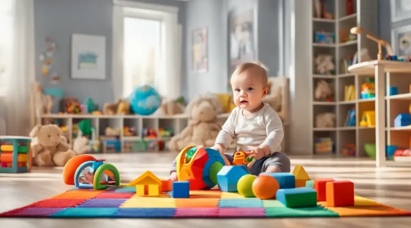 Bebê cercado por brinquedos educativos e decoração suave, estimulando desenvolvimento cognitivo.