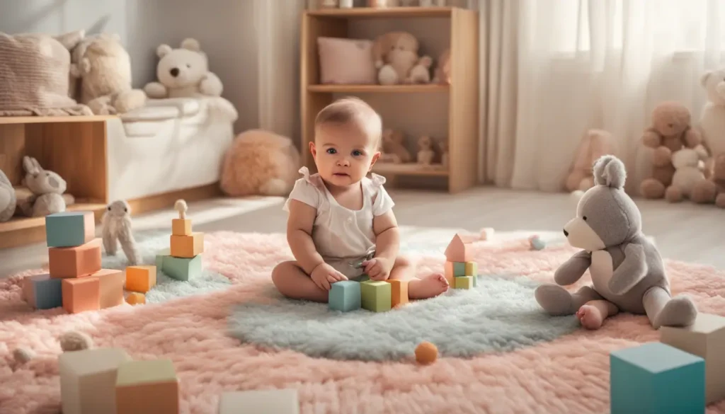 Bebê sentado em tapete pastel, cercado por brinquedos educativos e decoração suave, estimulando desenvolvimento cognitivo.