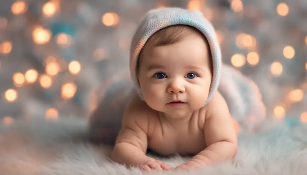 Bebê de seis meses sentado sorrindo em um tapete colorido, rodeado de brinquedos, em uma sala iluminada. Saiba quando o bebê começa a sentar.