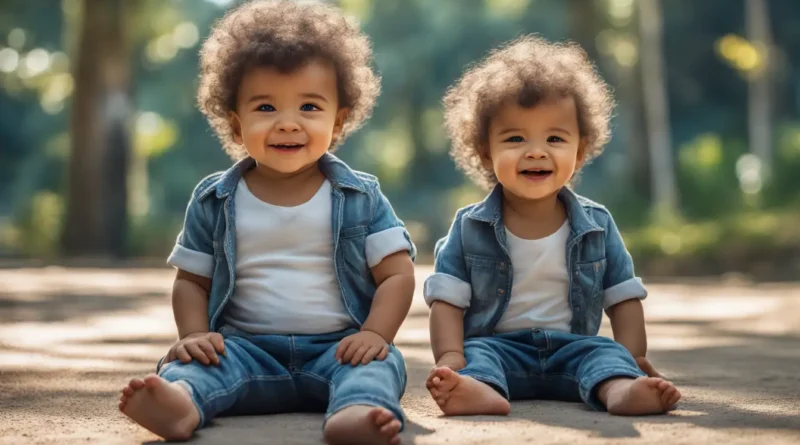 Dois bebês gêmeos sorrindo em um parque verdejante, vestindo camisas brancas e calças jeans, com árvores e céu azul ao fundo.