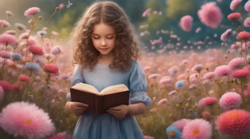 Menina pequena com cabelo castanho ondulado e laço rosa sentada em campo de flores coloridas, segurando livro aberto com ilustrações de nomes e significados.