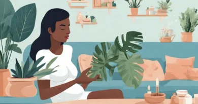 Mulher grávida sentada em um sofá azul-claro, conversando com o parceiro em uma sala iluminada com plantas e mesa de centro com livros sobre emoções.