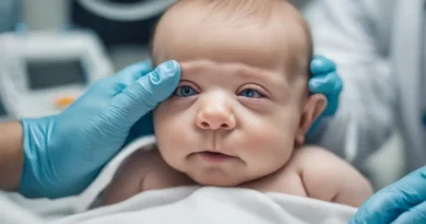 Recém-nascido com olhos inchados sendo examinado por pediatra em uma clínica, representando conjuntivite neonatal e seus cuidados médicos.