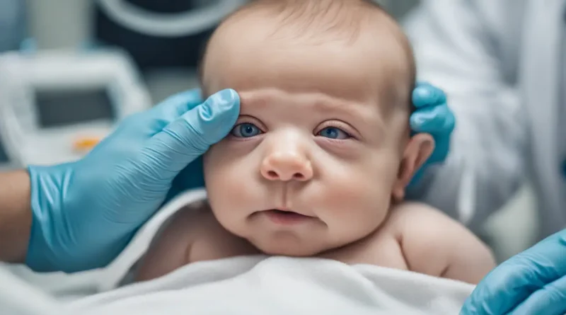 Recém-nascido com olhos inchados sendo examinado por pediatra em uma clínica, representando conjuntivite neonatal e seus cuidados médicos.